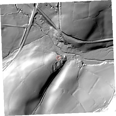 Shaded relief map of the ground around TR36AB, computed from Environment Agency LiDAR. The ground here sits at about 16 m above sea level and falls 68 m across the surrounding 800 m. Surface water reaching this point runs off ground lying to the south-west, 22.3 m higher.
