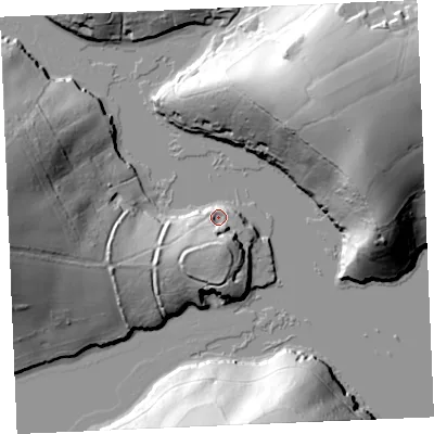 Shaded relief map of the ground around TR36AS, computed from Environment Agency LiDAR. The ground here sits at about 7 m above sea level and falls 53 m across the surrounding 800 m. Surface water reaching this point runs off ground lying to the south-south-east, 16.6 m higher.