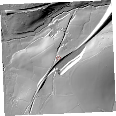 Shaded relief map of the ground around TR36EA, computed from Environment Agency LiDAR. The ground here sits at about 59 m above sea level and falls 67 m across the surrounding 800 m. Surface water reaching this point runs off ground lying to the south-south-west, 7.5 m higher.