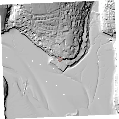 Shaded relief map of the ground around TR36NL, computed from Environment Agency LiDAR. The ground here sits at about 6 m above sea level and falls 44 m across the surrounding 800 m. Surface water reaching this point runs off ground lying to the north, 15.0 m higher.