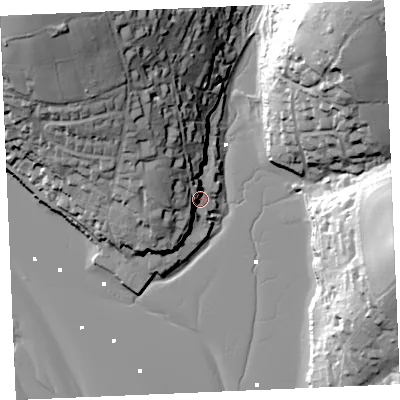Shaded relief map of the ground around TR36NN, computed from Environment Agency LiDAR. The ground here sits at about 5 m above sea level and falls 57 m across the surrounding 800 m. Surface water reaching this point runs off ground lying to the west-north-west, 18.0 m higher.