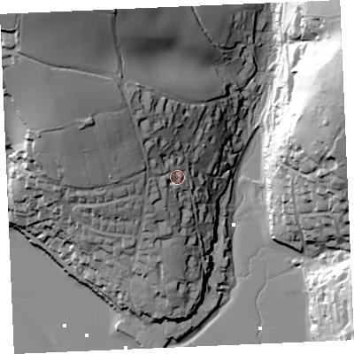 Shaded relief map of the ground around TR36NS, computed from Environment Agency LiDAR. The ground here sits at about 25 m above sea level and falls 67 m across the surrounding 800 m. Surface water reaching this point runs off ground lying to the north-west, 33.5 m higher.