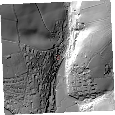 Shaded relief map of the ground around TR36NW, computed from Environment Agency LiDAR. The ground here sits at about 6 m above sea level and falls 68 m across the surrounding 800 m. Surface water reaching this point runs off ground lying to the west, 33.7 m higher.