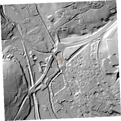 Shaded relief map of the ground around TR36PF, computed from Environment Agency LiDAR. The ground here sits at about 6 m above sea level and falls 51 m across the surrounding 800 m. Surface water reaching this point runs off ground lying to the north-east, 18.3 m higher.