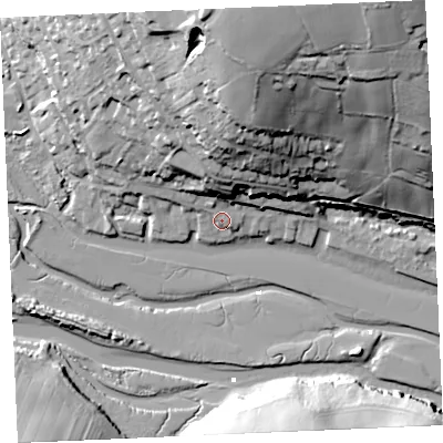 Shaded relief map of the ground around TR36PW, computed from Environment Agency LiDAR. The ground here sits at about 5 m above sea level and falls 55 m across the surrounding 800 m. Surface water reaching this point runs off ground lying to the north, 12.4 m higher.