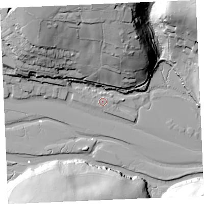 Shaded relief map of the ground around TR36QB, computed from Environment Agency LiDAR. The ground here sits at about 4 m above sea level and falls 52 m across the surrounding 800 m. Surface water reaching this point runs off ground lying to the east-north-east, 0.8 m higher.