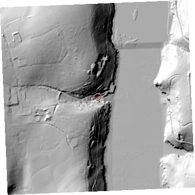 Shaded relief map of the ground around TR36QJ, computed from Environment Agency LiDAR. The ground here sits at about 5 m above sea level and falls 63 m across the surrounding 800 m. Surface water reaching this point runs off ground lying to the north-north-west, 57.3 m higher.