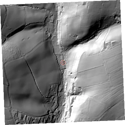 Shaded relief map of the ground around TR36RU, computed from Environment Agency LiDAR. The ground here sits at about 9 m above sea level and falls 68 m across the surrounding 800 m. Surface water reaching this point runs off ground lying to the north-north-east, 61.4 m higher.