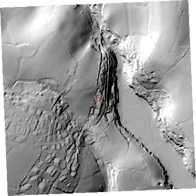 Shaded relief map of the ground around TR36SD, computed from Environment Agency LiDAR. The ground here sits at about 29 m above sea level and falls 63 m across the surrounding 800 m. Surface water reaching this point runs off ground lying to the west-north-west, 18.2 m higher.