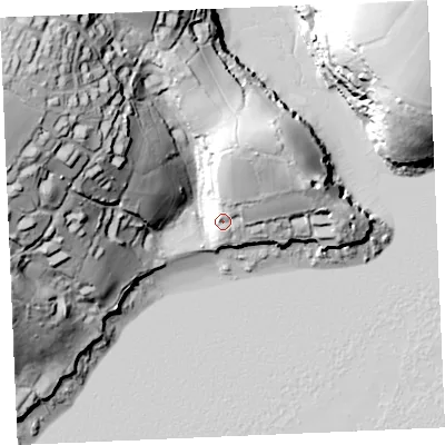 Shaded relief map of the ground around TR36SH, computed from Environment Agency LiDAR. The ground here sits at about 10 m above sea level and falls 61 m across the surrounding 800 m. Surface water reaching this point runs off ground lying to the north-north-east, 16.4 m higher.