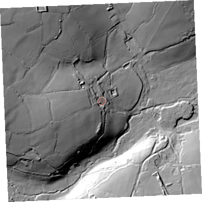 Shaded relief map of the ground around TR37AF, computed from Environment Agency LiDAR. The ground here sits at about 135 m above sea level and falls 49 m across the surrounding 800 m. Surface water reaching this point runs off ground lying to the west-south-west, 22.7 m higher.