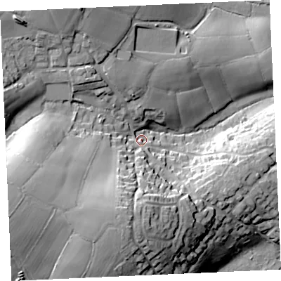 Shaded relief map of the ground around TR37AY, computed from Environment Agency LiDAR. The ground here sits at about 124 m above sea level and falls 35 m across the surrounding 800 m. Surface water reaching this point runs off ground lying to the south-south-west, 25.8 m higher.