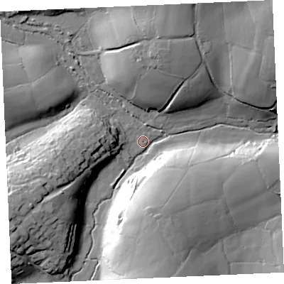 Shaded relief map of the ground around TR37BU, computed from Environment Agency LiDAR. The ground here sits at about 111 m above sea level and falls 30 m across the surrounding 800 m. Surface water reaching this point runs off ground lying to the west-south-west, 21.8 m higher.