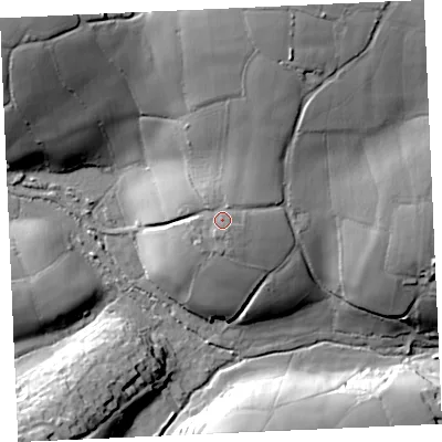 Shaded relief map of the ground around TR37DP, computed from Environment Agency LiDAR. The ground here sits at about 126 m above sea level and falls 38 m across the surrounding 800 m. Surface water reaching this point runs off ground lying to the north-north-east, 1.4 m higher.