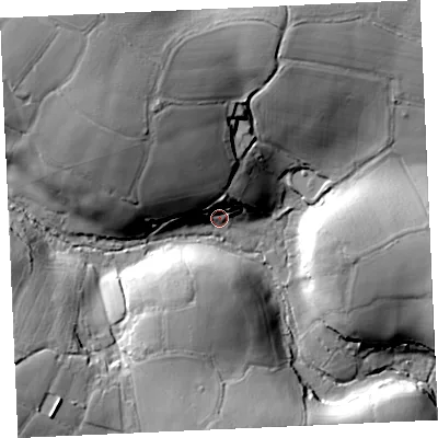 Shaded relief map of the ground around TR37DR, computed from Environment Agency LiDAR. The ground here sits at about 128 m above sea level and falls 42 m across the surrounding 800 m. Surface water reaching this point runs off ground lying to the north-west, 26.3 m higher.