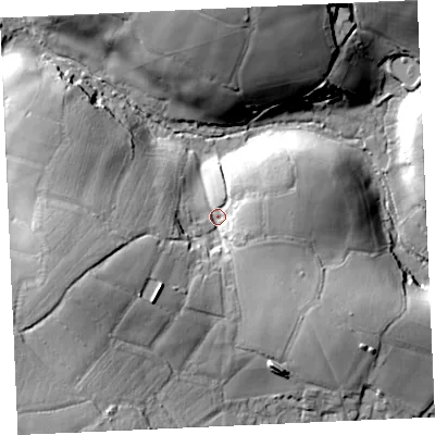 Shaded relief map of the ground around TR37DT, computed from Environment Agency LiDAR. The ground here sits at about 137 m above sea level and falls 35 m across the surrounding 800 m. Surface water reaching this point runs off ground lying to the south-west, 19.0 m higher.