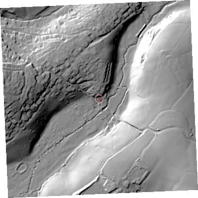 Shaded relief map of the ground around TR37FG, computed from Environment Agency LiDAR. The ground here sits at about 116 m above sea level and falls 37 m across the surrounding 800 m. Surface water reaching this point runs off ground lying to the north, 11.1 m higher.