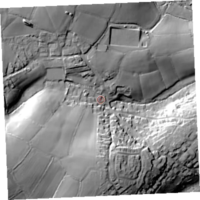 Shaded relief map of the ground around TR37GD, computed from Environment Agency LiDAR. The ground here sits at about 126 m above sea level and falls 35 m across the surrounding 800 m. Surface water reaching this point runs off ground lying to the west-south-west, 23.6 m higher.