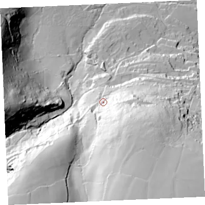 Shaded relief map of the ground around TR37HJ, computed from Environment Agency LiDAR. The ground here sits at about 61 m above sea level and falls 103 m across the surrounding 800 m. Surface water reaching this point runs off ground lying to the south-south-east, 58.8 m higher.