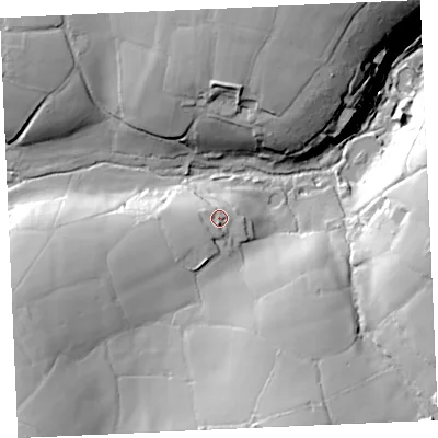 Shaded relief map of the ground around TR37HL, computed from Environment Agency LiDAR. The ground here sits at about 116 m above sea level and falls 45 m across the surrounding 800 m. Surface water reaching this point runs off ground lying to the west-south-west, 6.5 m higher.