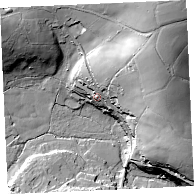 Shaded relief map of the ground around TR37JB, computed from Environment Agency LiDAR. The ground here sits at about 43 m above sea level and falls 70 m across the surrounding 800 m. Surface water reaching this point runs off ground lying to the north-north-east, 11.9 m higher.