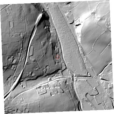 Shaded relief map of the ground around TR37NH, computed from Environment Agency LiDAR. The ground here sits at about 10 m above sea level and falls 58 m across the surrounding 800 m. Surface water reaching this point runs off ground lying to the west, 30.4 m higher.
