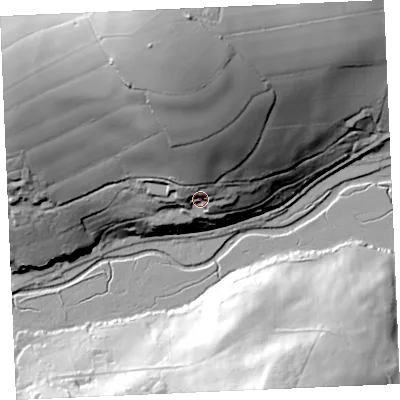 Shaded relief map of the ground around TR37NT, computed from Environment Agency LiDAR. The ground here sits at about 25 m above sea level and falls 69 m across the surrounding 800 m. Surface water reaching this point runs off ground lying to the north, 41.8 m higher.
