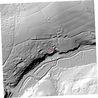 Shaded relief map of the ground around TR37NU, computed from Environment Agency LiDAR. The ground here sits at about 20 m above sea level and falls 67 m across the surrounding 800 m. Surface water reaching this point runs off ground lying to the west, 27.9 m higher.