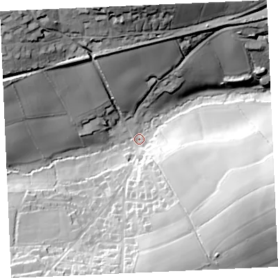 Shaded relief map of the ground around TR37PR, computed from Environment Agency LiDAR. The ground here sits at about 11 m above sea level and falls 55 m across the surrounding 800 m. Surface water reaching this point runs off ground lying to the north-west, 48.5 m higher.