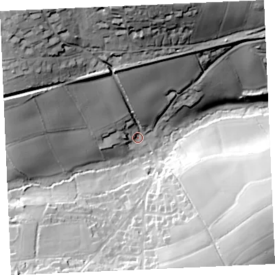 Shaded relief map of the ground around TR37PT, computed from Environment Agency LiDAR. The ground here sits at about 12 m above sea level and falls 59 m across the surrounding 800 m. Surface water reaching this point runs off ground lying to the north, 51.7 m higher.
