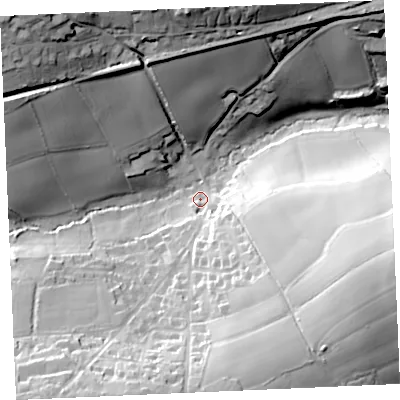 Shaded relief map of the ground around TR37PU, computed from Environment Agency LiDAR. The ground here sits at about 12 m above sea level and falls 51 m across the surrounding 800 m. Surface water reaching this point runs off ground lying to the east-south-east, 39.4 m higher.