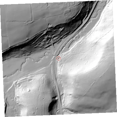 Shaded relief map of the ground around TR37QP, computed from Environment Agency LiDAR. The ground here sits at about 6 m above sea level and falls 79 m across the surrounding 800 m. Surface water reaching this point runs off ground lying to the east, 76.7 m higher.