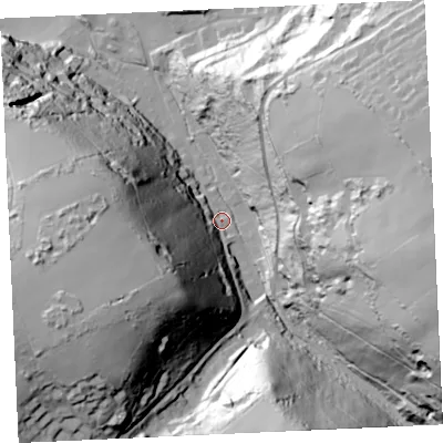 Shaded relief map of the ground around TR48AA, computed from Environment Agency LiDAR. The ground here sits at about 15 m above sea level and falls 97 m across the surrounding 800 m. Surface water reaching this point runs off ground lying to the east, 85.4 m higher.