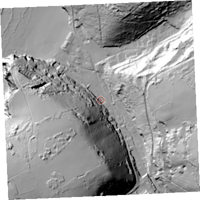 Shaded relief map of the ground around TR48AB, computed from Environment Agency LiDAR. The ground here sits at about 10 m above sea level and falls 90 m across the surrounding 800 m. Surface water reaching this point runs off ground lying to the south-south-west, 80.0 m higher.