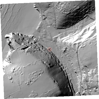 Shaded relief map of the ground around TR48AD, computed from Environment Agency LiDAR. The ground here sits at about 10 m above sea level and falls 91 m across the surrounding 800 m. Surface water reaching this point runs off ground lying to the south-south-west, 77.7 m higher.