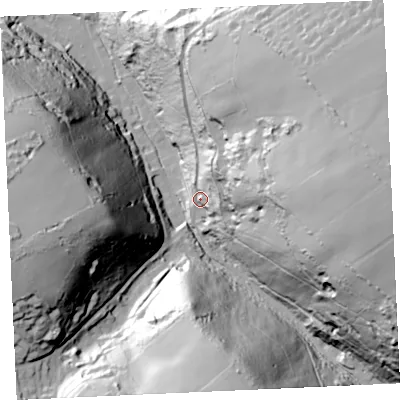 Shaded relief map of the ground around TR48AF, computed from Environment Agency LiDAR. The ground here sits at about 28 m above sea level and falls 96 m across the surrounding 800 m. Surface water reaching this point runs off ground lying to the east, 81.2 m higher.