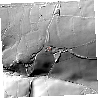 Shaded relief map of the ground around TR48BH, computed from Environment Agency LiDAR. The ground here sits at about 121 m above sea level and falls 64 m across the surrounding 800 m. Surface water reaching this point runs off ground lying to the east-north-east, 25.6 m higher.