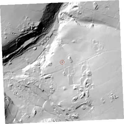 Shaded relief map of the ground around TR48DL, computed from Environment Agency LiDAR. The ground here sits at about 69 m above sea level and falls 79 m across the surrounding 800 m. Surface water reaching this point runs off ground lying to the east-south-east, 42.9 m higher.