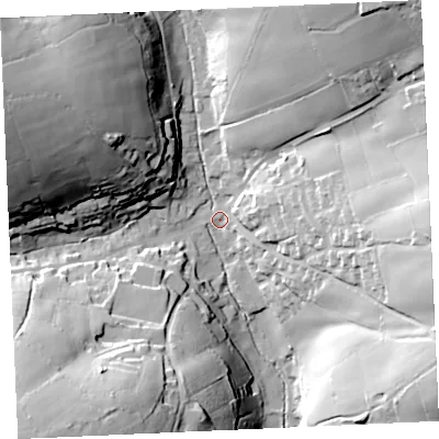 Shaded relief map of the ground around TR48FH, computed from Environment Agency LiDAR. The ground here sits at about 55 m above sea level and falls 59 m across the surrounding 800 m. Surface water reaching this point runs off ground lying to the east, 39.0 m higher.
