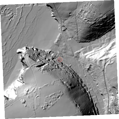 Shaded relief map of the ground around TR48GY, computed from Environment Agency LiDAR. The ground here sits at about 9 m above sea level and falls 90 m across the surrounding 800 m. Surface water reaching this point runs off ground lying to the south-south-west, 77.8 m higher.