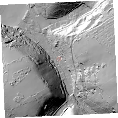 Shaded relief map of the ground around TR48HD, computed from Environment Agency LiDAR. The ground here sits at about 12 m above sea level and falls 97 m across the surrounding 800 m. Surface water reaching this point runs off ground lying to the east-south-east, 86.8 m higher.