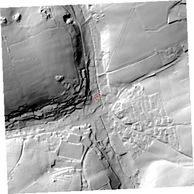 Shaded relief map of the ground around TR48PD, computed from Environment Agency LiDAR. The ground here sits at about 56 m above sea level and falls 55 m across the surrounding 800 m. Surface water reaching this point runs off ground lying to the north-east, 50.3 m higher.