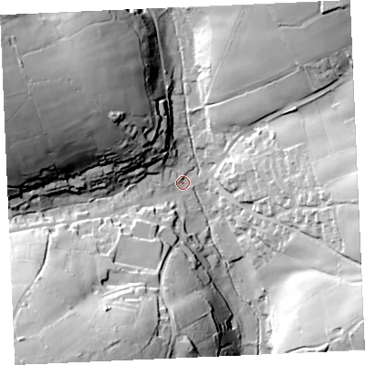 Shaded relief map of the ground around TR48PT, computed from Environment Agency LiDAR. The ground here sits at about 55 m above sea level and falls 60 m across the surrounding 800 m. Surface water reaching this point runs off ground lying to the south-west, 54.7 m higher.