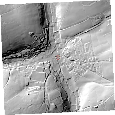 Shaded relief map of the ground around TR48PX, computed from Environment Agency LiDAR. The ground here sits at about 54 m above sea level and falls 60 m across the surrounding 800 m. Surface water reaching this point runs off ground lying to the south-west, 55.6 m higher.