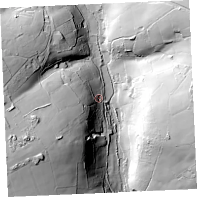 Shaded relief map of the ground around TR48QU, computed from Environment Agency LiDAR. The ground here sits at about 54 m above sea level and falls 79 m across the surrounding 800 m. Surface water reaching this point runs off ground lying to the south-west, 65.4 m higher.