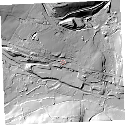 Shaded relief map of the ground around TR48QZ, computed from Environment Agency LiDAR. The ground here sits at about 22 m above sea level and falls 59 m across the surrounding 800 m. Surface water reaching this point runs off ground lying to the north, 8.0 m higher.