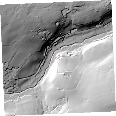 Shaded relief map of the ground around TR48RG, computed from Environment Agency LiDAR. The ground here sits at about 32 m above sea level and falls 78 m across the surrounding 800 m. Surface water reaching this point runs off ground lying to the south-south-east, 27.2 m higher.