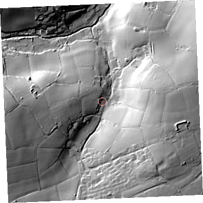 Shaded relief map of the ground around TR48RW, computed from Environment Agency LiDAR. The ground here sits at about 44 m above sea level and falls 49 m across the surrounding 800 m. Surface water reaching this point runs off ground lying to the south-east, 32.2 m higher.