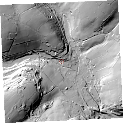 Shaded relief map of the ground around TR48SH, computed from Environment Agency LiDAR. The ground here sits at about 27 m above sea level and falls 77 m across the surrounding 800 m. Surface water reaching this point runs off ground lying to the north-north-west, 16.5 m higher.