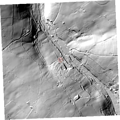 Shaded relief map of the ground around TR48SN, computed from Environment Agency LiDAR. The ground here sits at about 46 m above sea level and falls 79 m across the surrounding 800 m. Surface water reaching this point runs off ground lying to the south-west, 53.9 m higher.